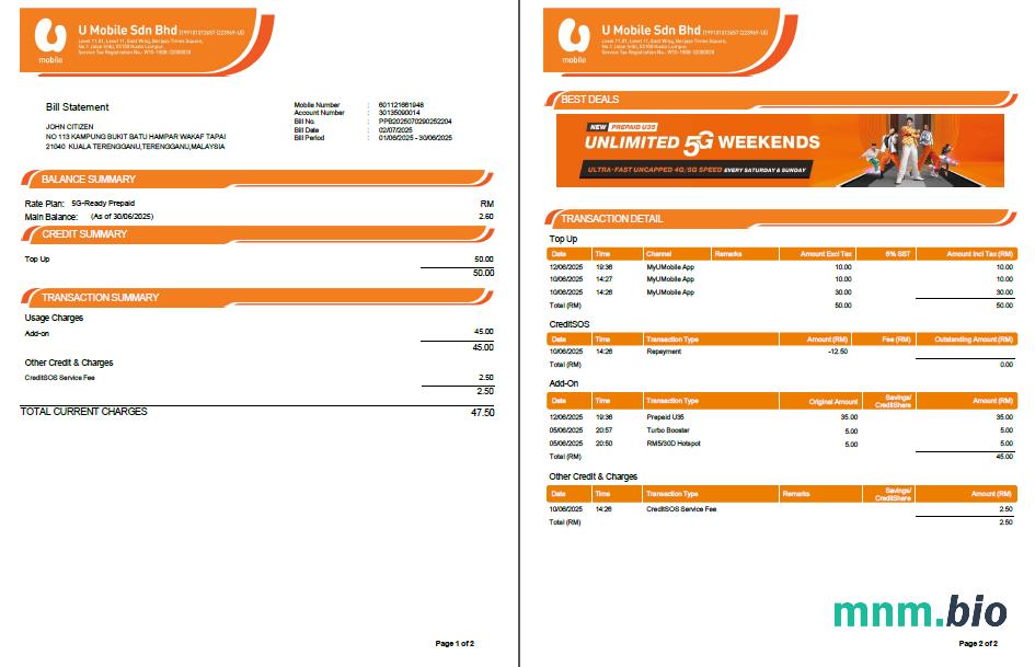 Malezja U Mobile rachunek za media szablon w formacie Word i PDF, 2 strony, Wersja 2